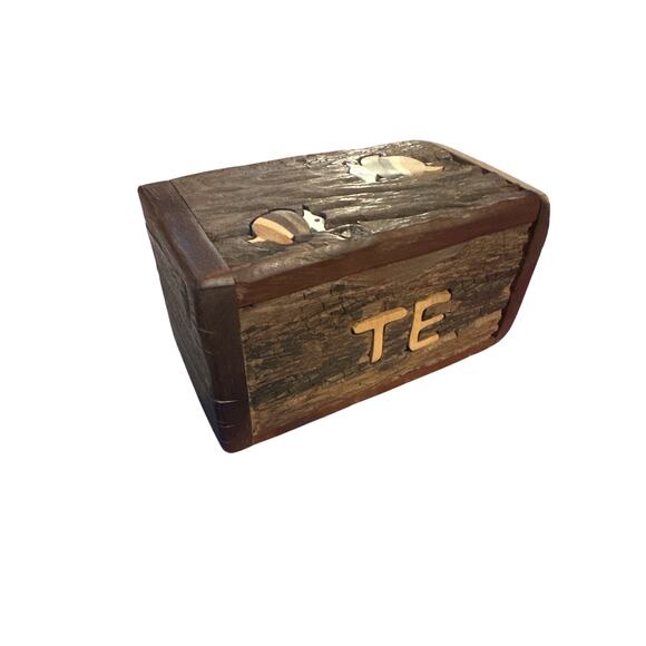 Vintage Handmade Wooden Tea Bag Te Box Brown Teak Wood 2 Slots Armadillo - Picture 1 of 9